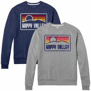 navy and gray long sleeve crew neck sweatshirts with distressed Happy Valley sunrise graphic